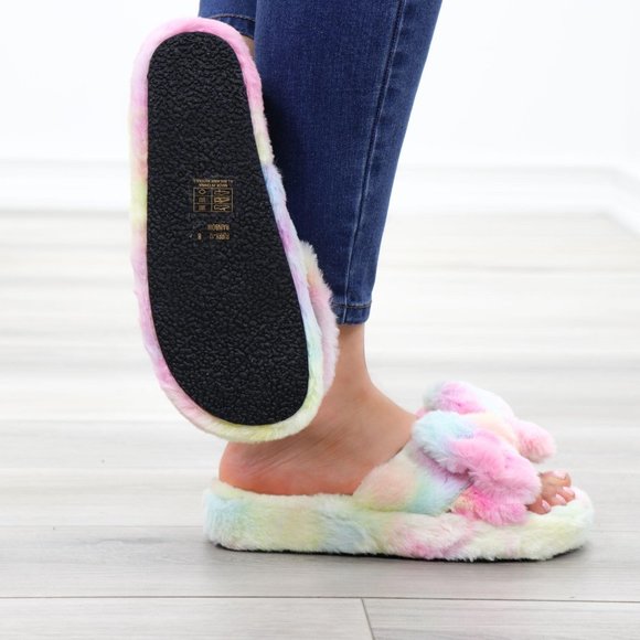 Bow Tie Furry Slip On Tie Dye Slippers - Picture 5 of 16
